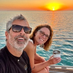 James and Jayne on Scout at sunset, in the Bahamas